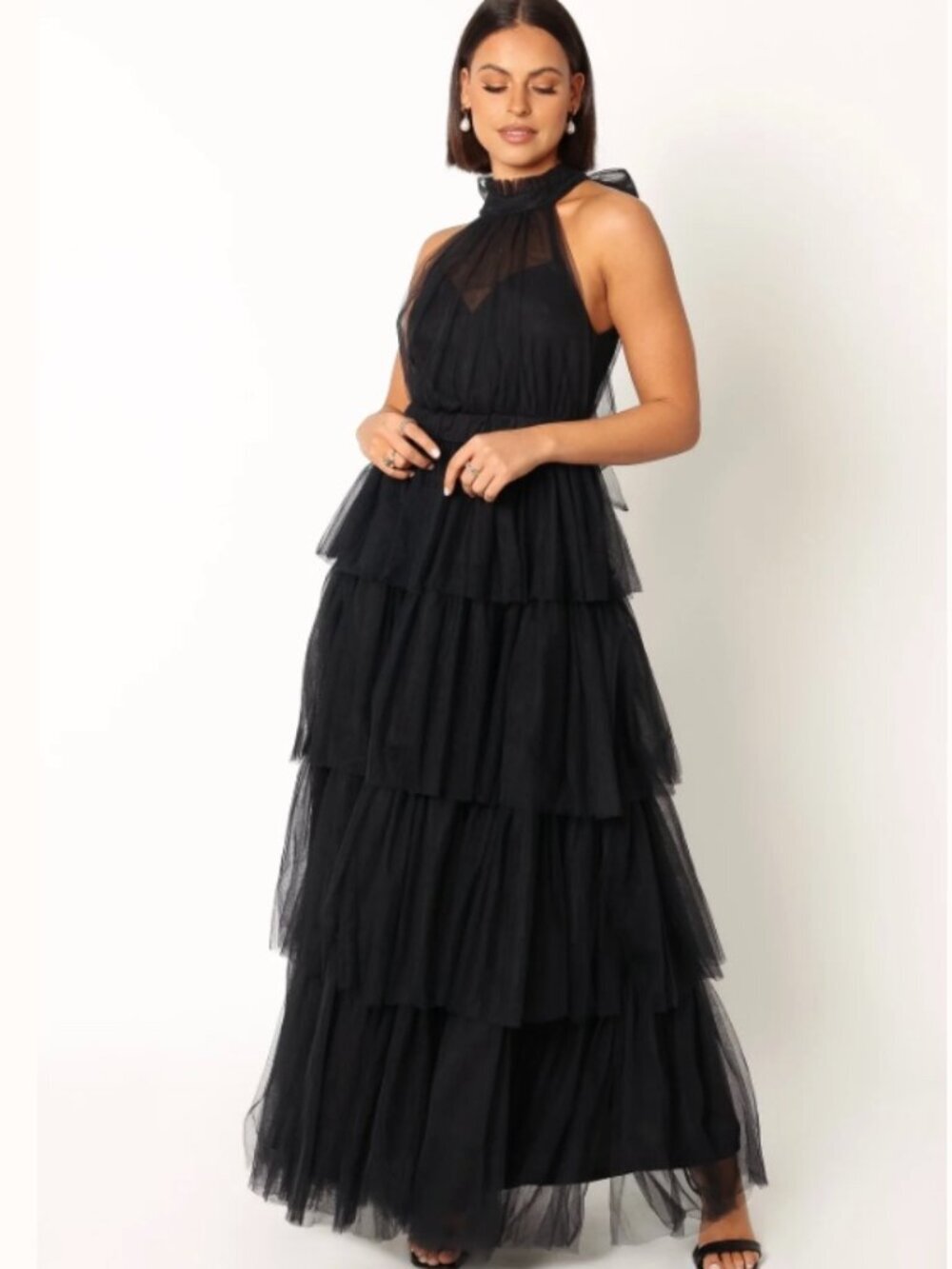 Petal & Pup Frances Halterneck Maxi Dress XS Black Tulle Tiered Ruffle Open Back